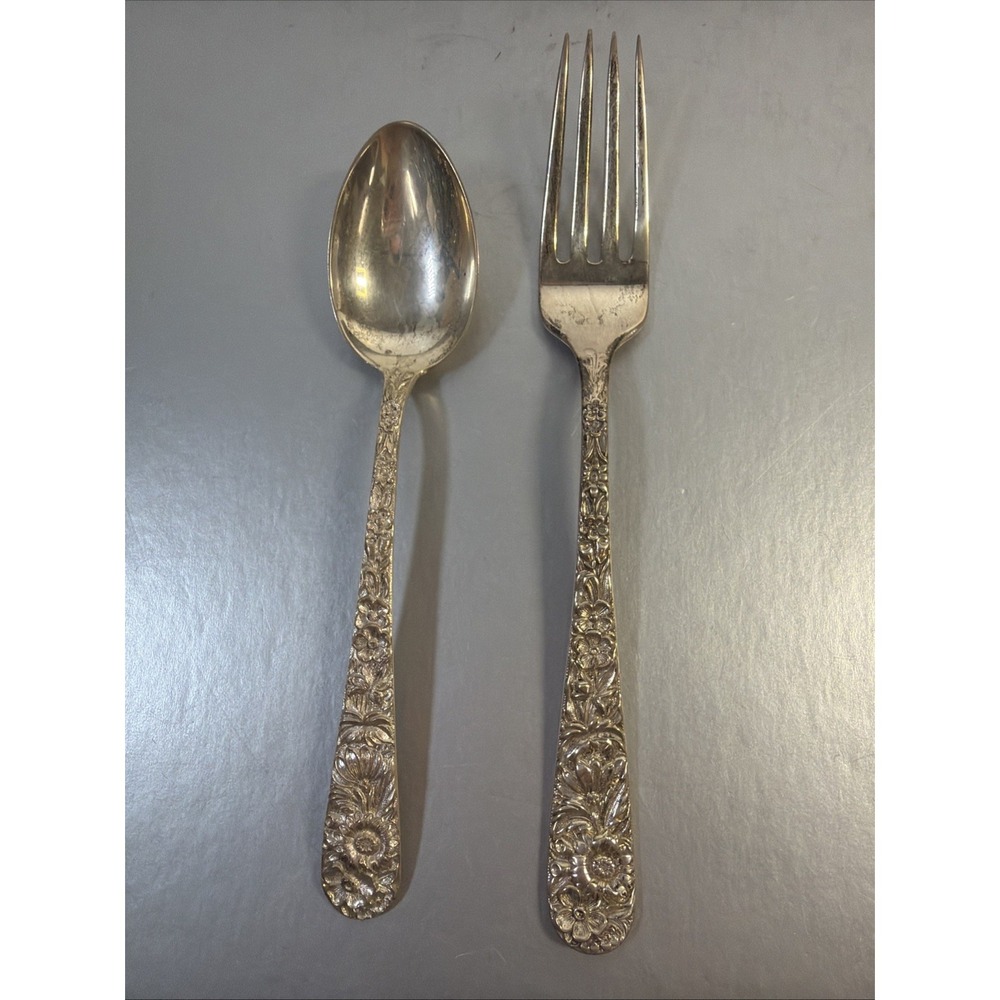 Kirk & Son Sterling Silver Repousse 2 Piece Fork And Spoon Set 57 Grams With Box